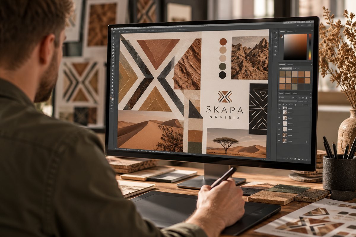Designer working on the Skapa Namibia brand artwork on a desktop screen with a pen tablet