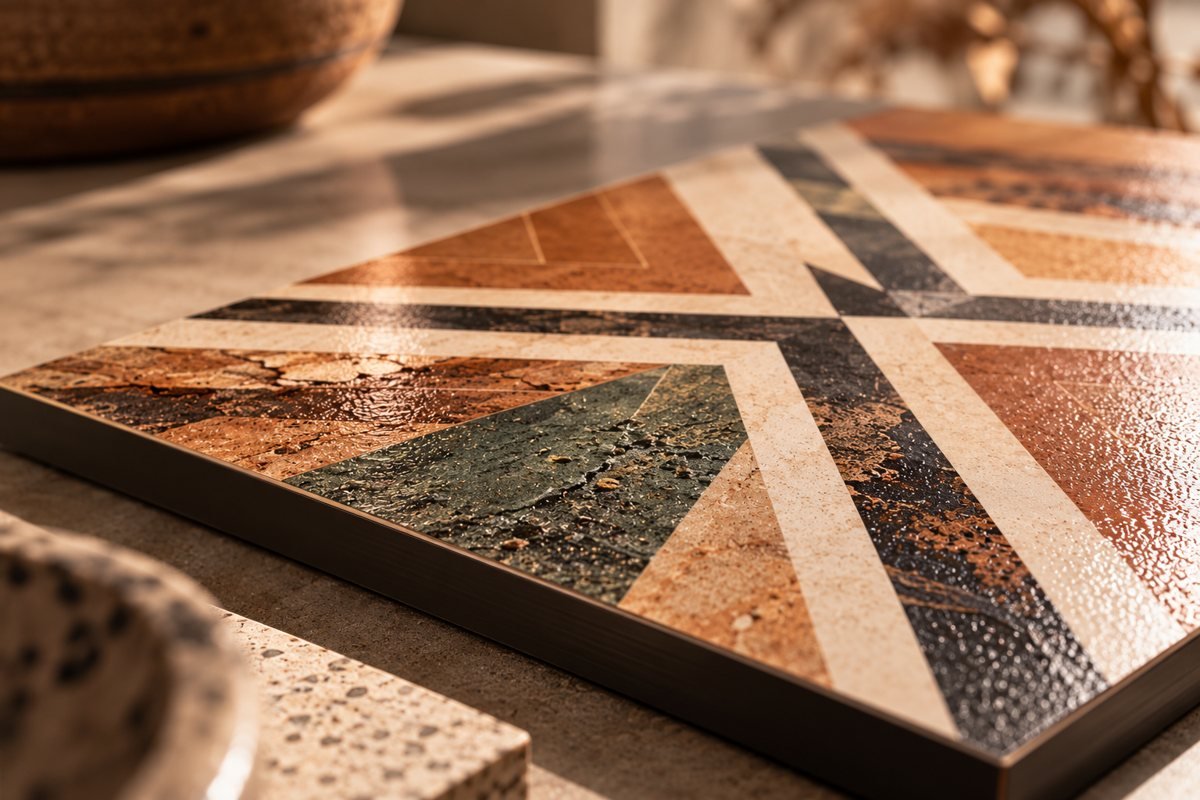 Finished printed panel with a textured geometric Skapa design in clay, cream, olive and charcoal