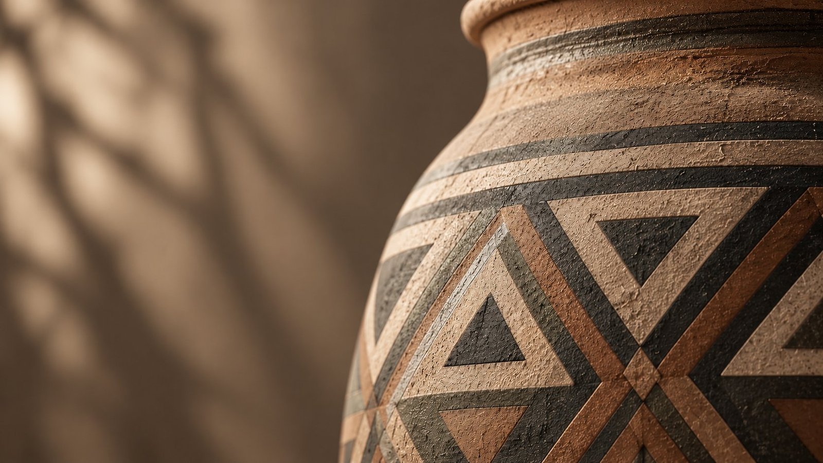 Close-up of a clay vessel with an interwoven geometric pattern in clay, cream and charcoal, with soft leaf shadows on the wall behind