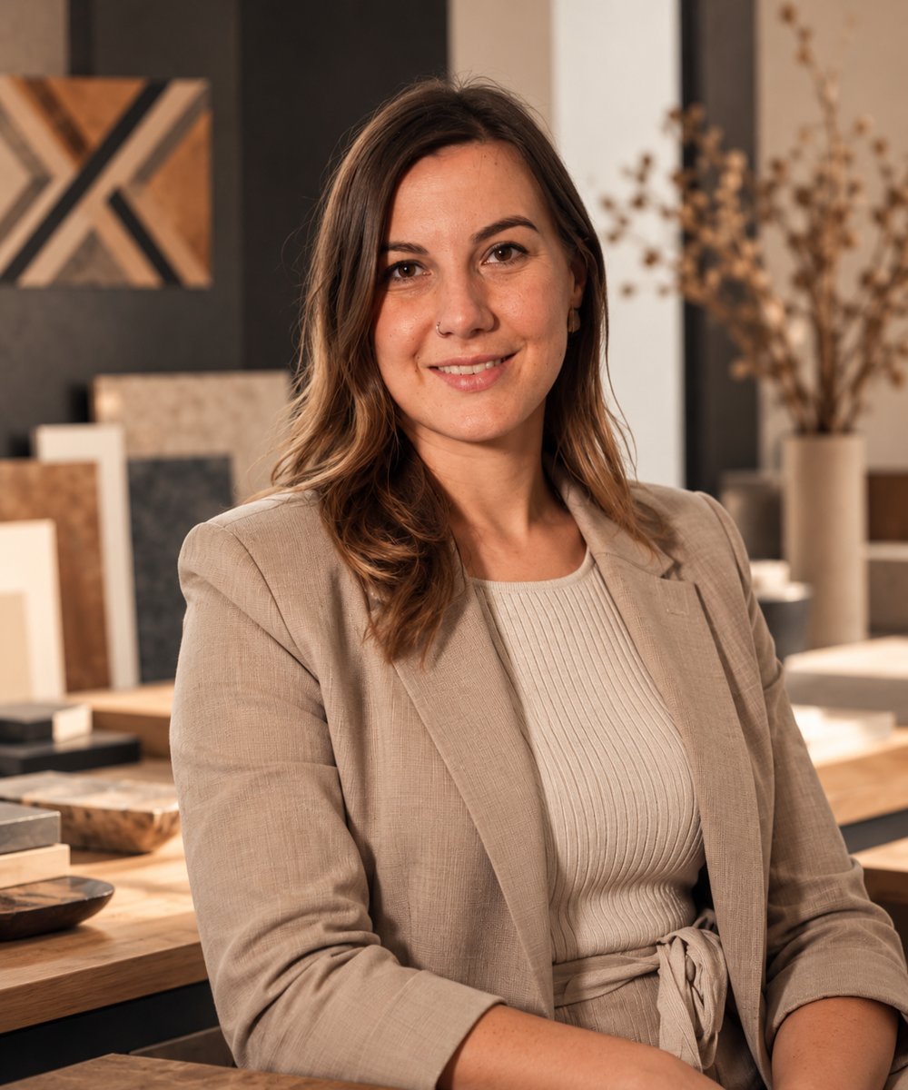 Katrin van Zyl, smiling, in a linen blazer in the Skapa studio with material samples behind her