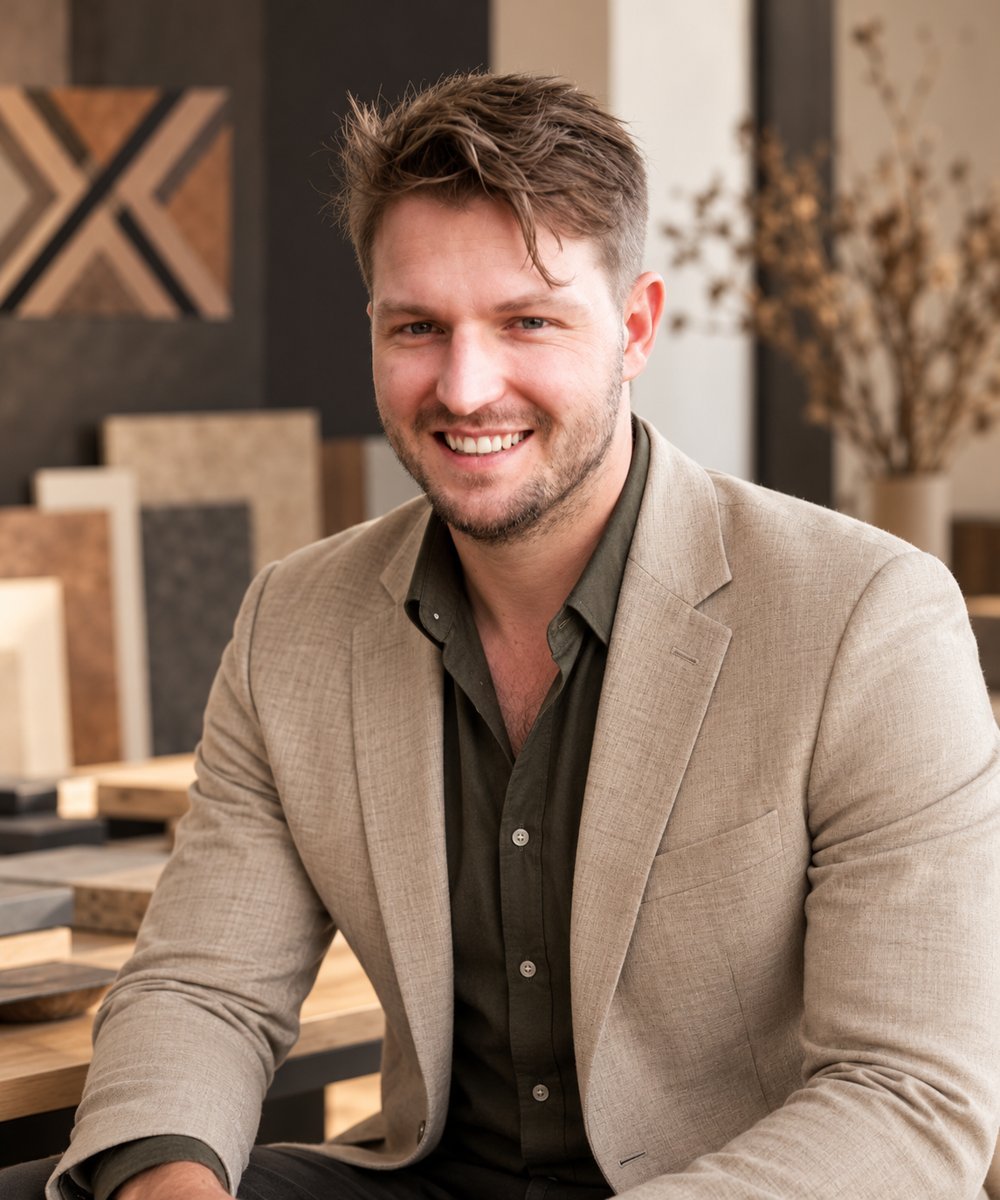 Svend Oestlund, smiling, in a linen blazer in the Skapa studio with material samples behind him